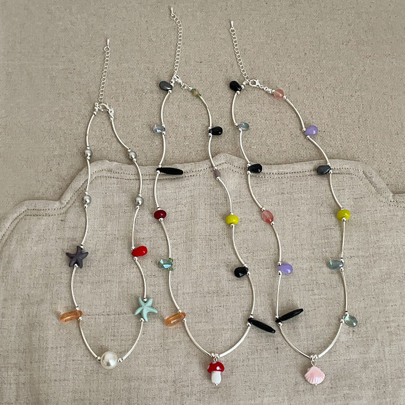 Shell Pendant Beaded Choker — silver necklace, view 2