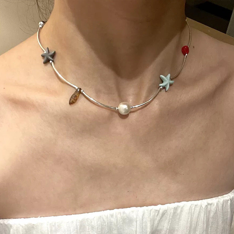 Shell Pendant Beaded Choker — silver necklace, view 6