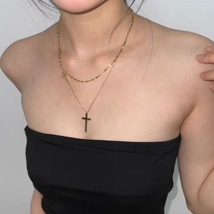 Double-Layer Cross Necklace — gold necklace, view 2