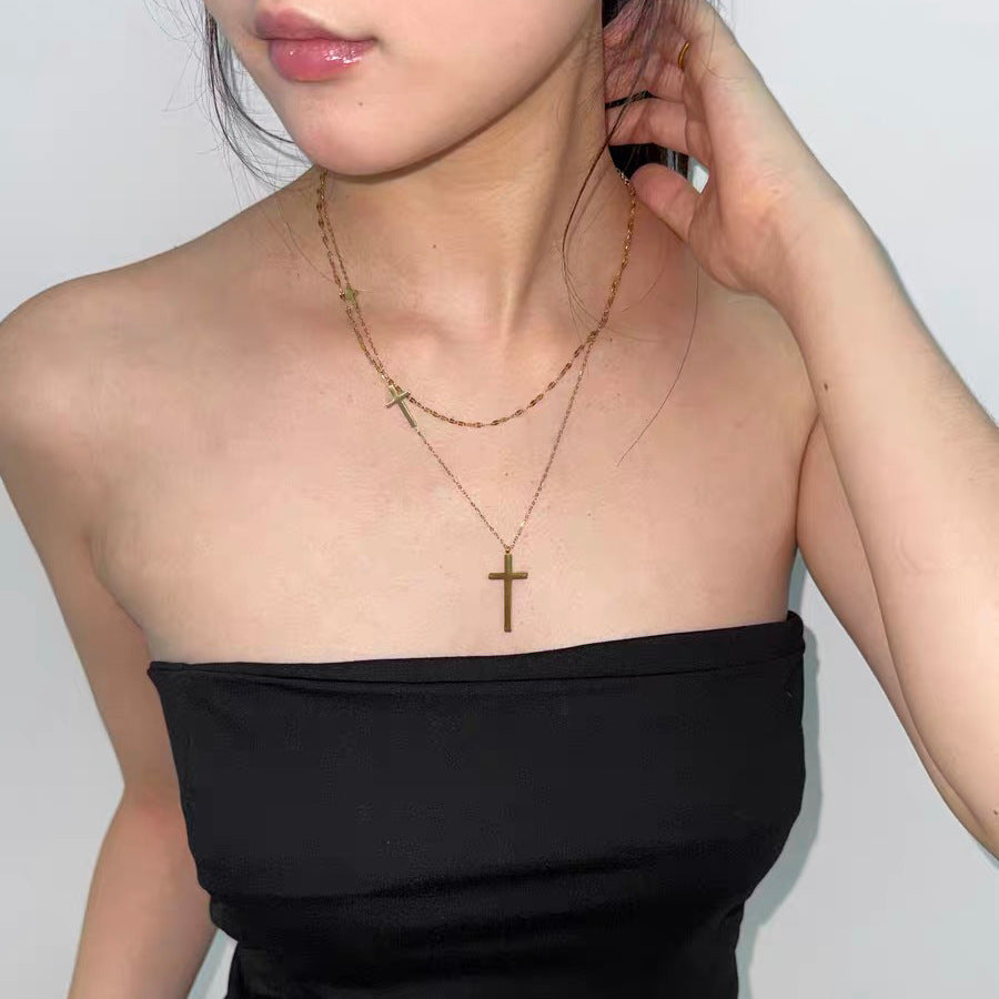 Double-Layer Cross Necklace — gold necklace, view 3