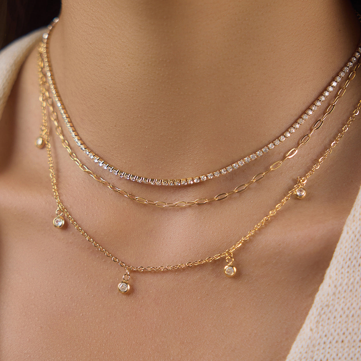 Round Rhinestone Necklace — gold necklace, view 3