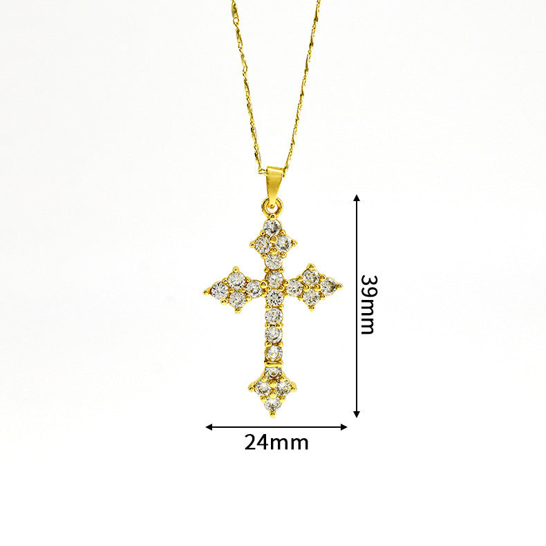 Rhinestone Cross Pendant Necklace — gold necklace, view 3