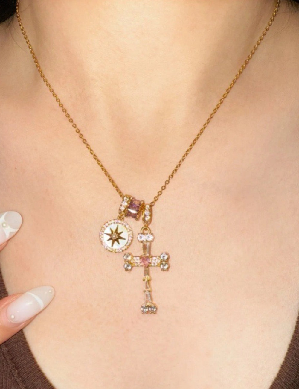 Rhinestone Cross Pendant Choker — necklace