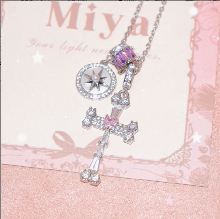 Rhinestone Cross Pendant Choker — necklace, view 2
