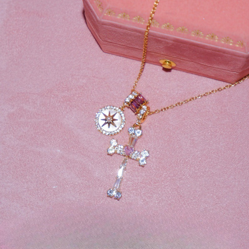 Rhinestone Cross Pendant Choker — necklace, view 3