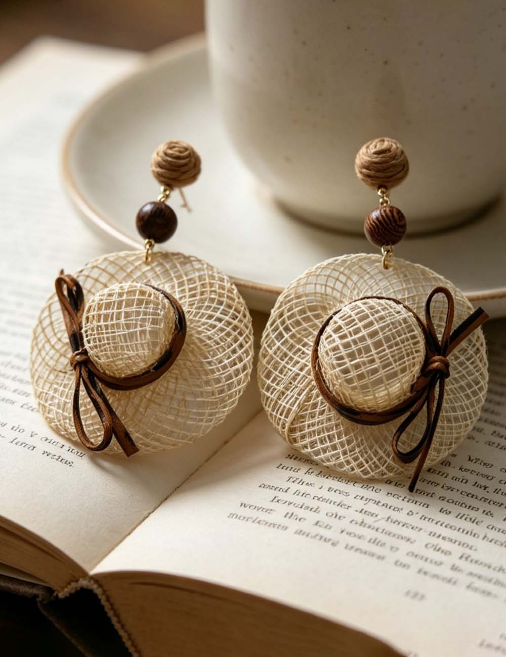 Mini Raffia Hat Dangle Earrings — khaki earrings