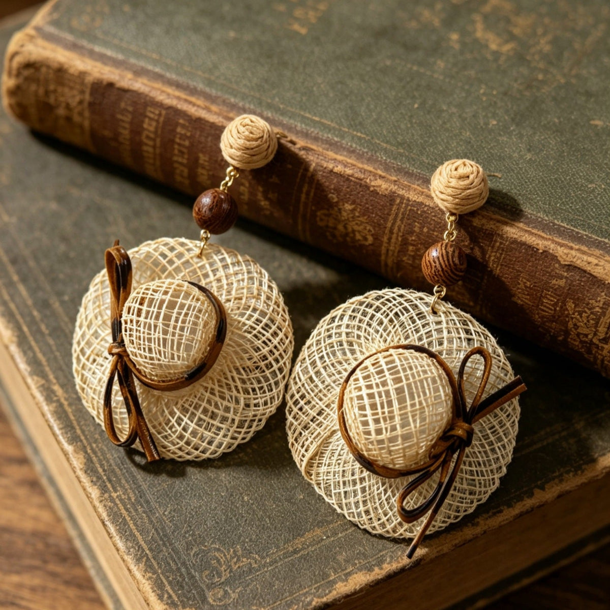 Mini Raffia Hat Dangle Earrings — khaki earrings, view 2