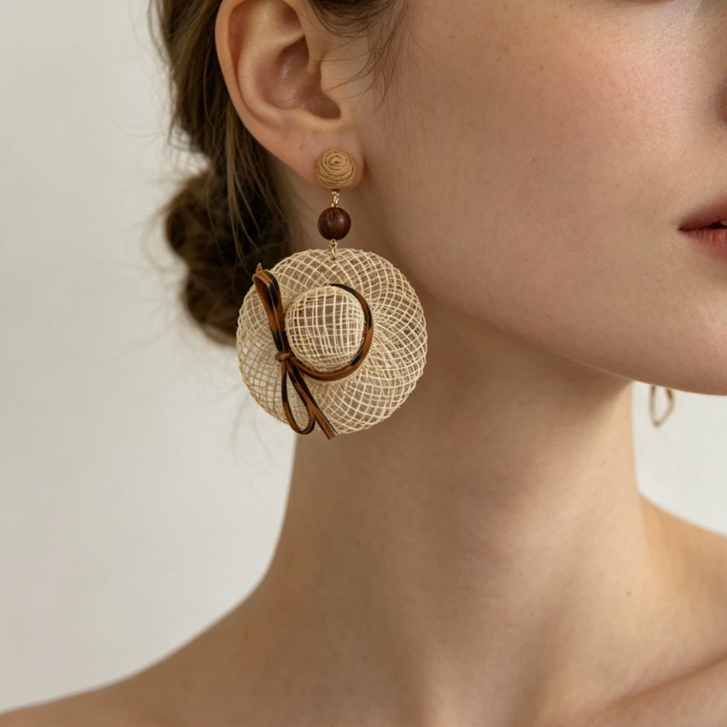 Mini Raffia Hat Dangle Earrings — khaki earrings, view 3