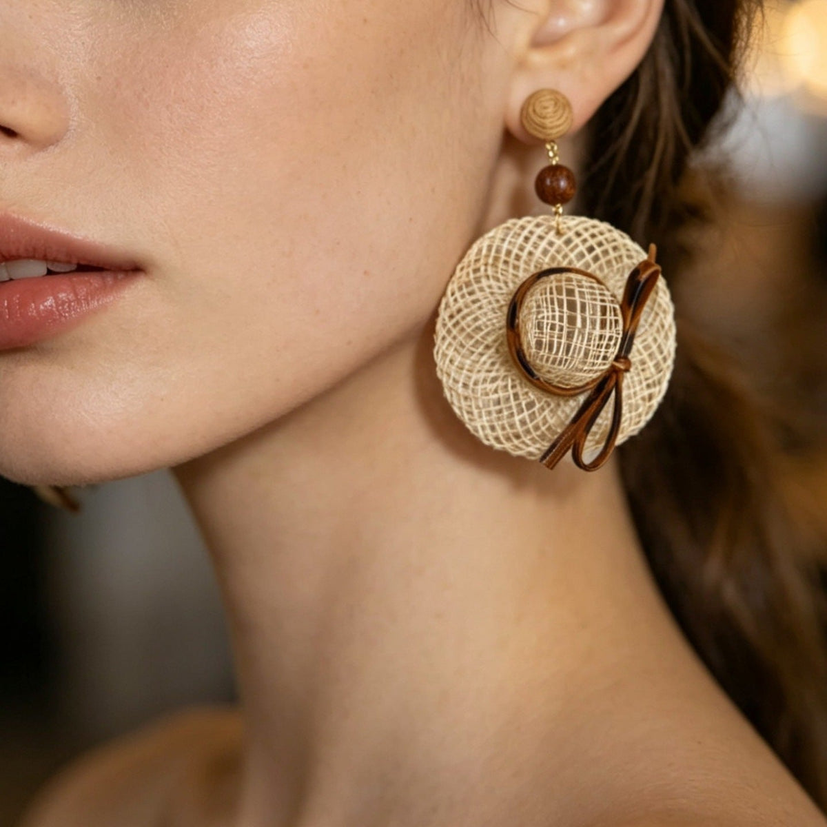 Mini Raffia Hat Dangle Earrings — khaki earrings, view 4