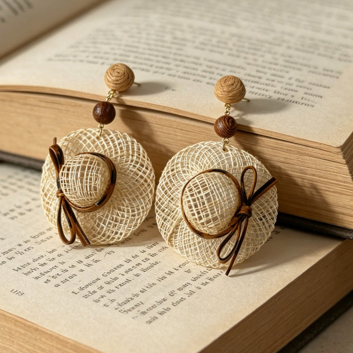 Mini Raffia Hat Dangle Earrings — khaki earrings, view 5