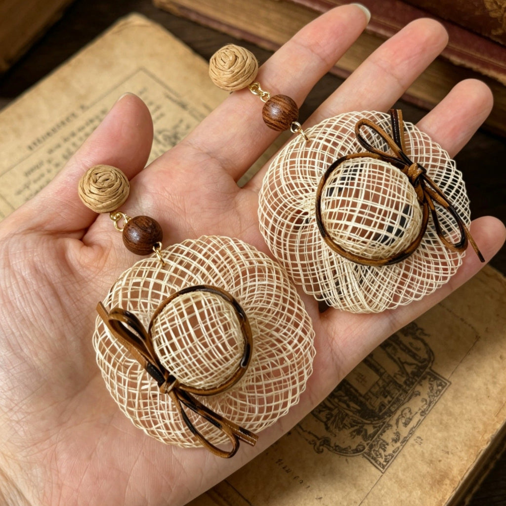 Mini Raffia Hat Dangle Earrings — khaki earrings, view 6