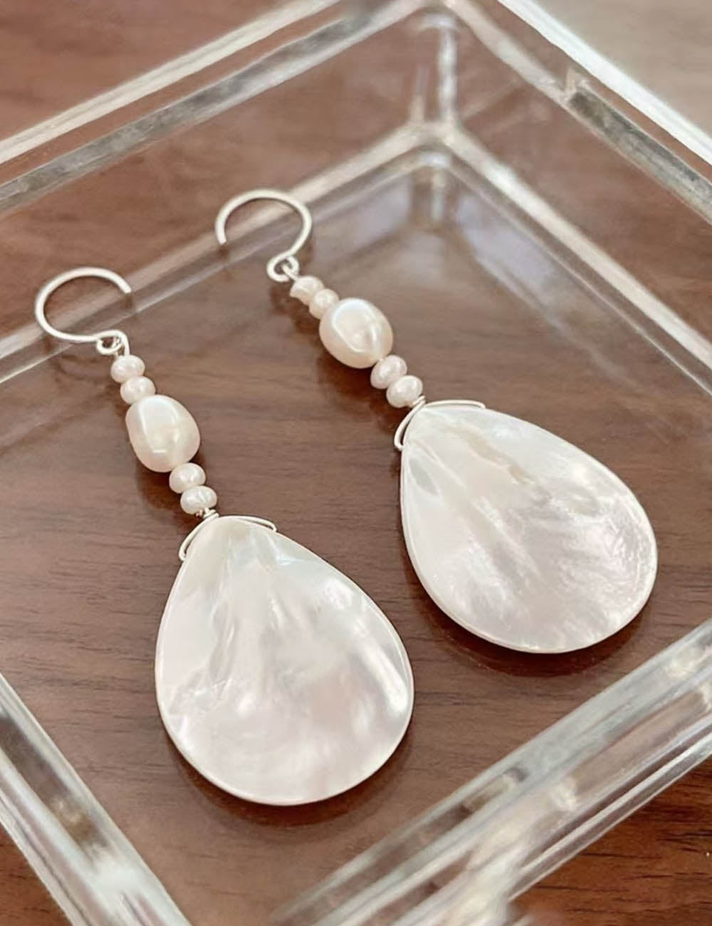 Shell Teardrop Dangle Earrings — beige earrings, view 2