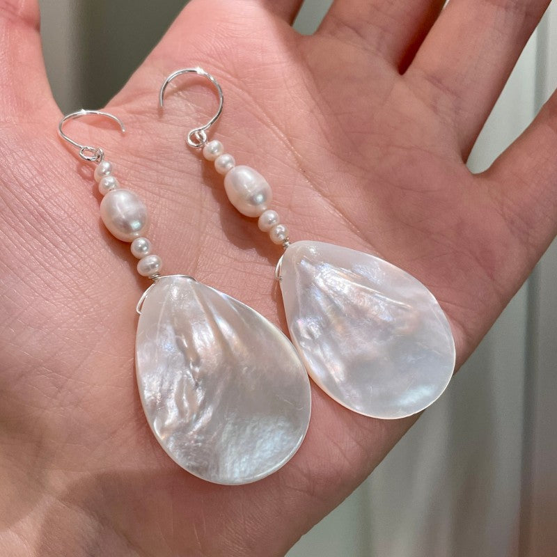 Shell Teardrop Dangle Earrings — beige earrings, view 3