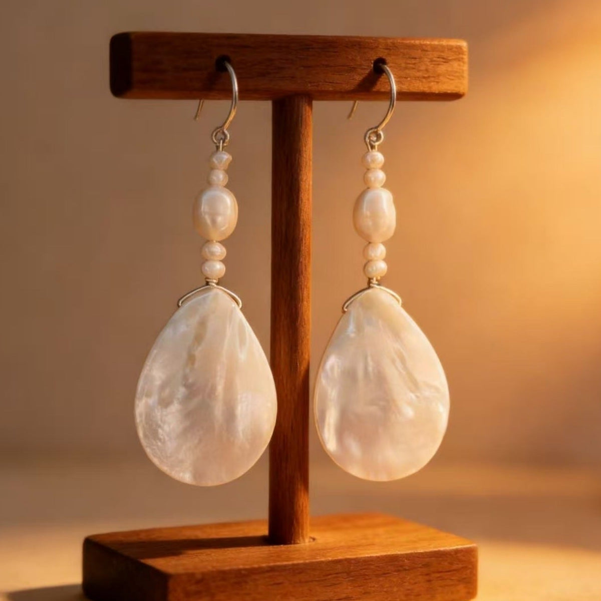 Shell Teardrop Dangle Earrings — beige earrings, view 4