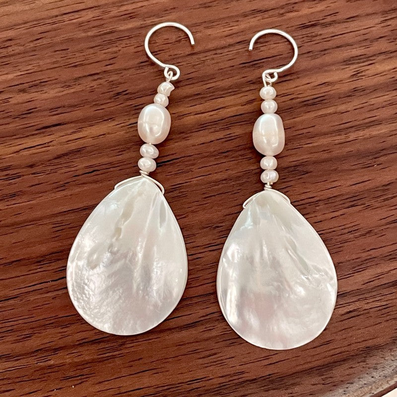 Shell Teardrop Dangle Earrings — beige earrings, view 5