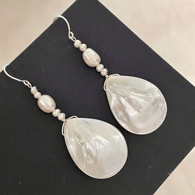 Shell Teardrop Dangle Earrings — beige earrings, view 6