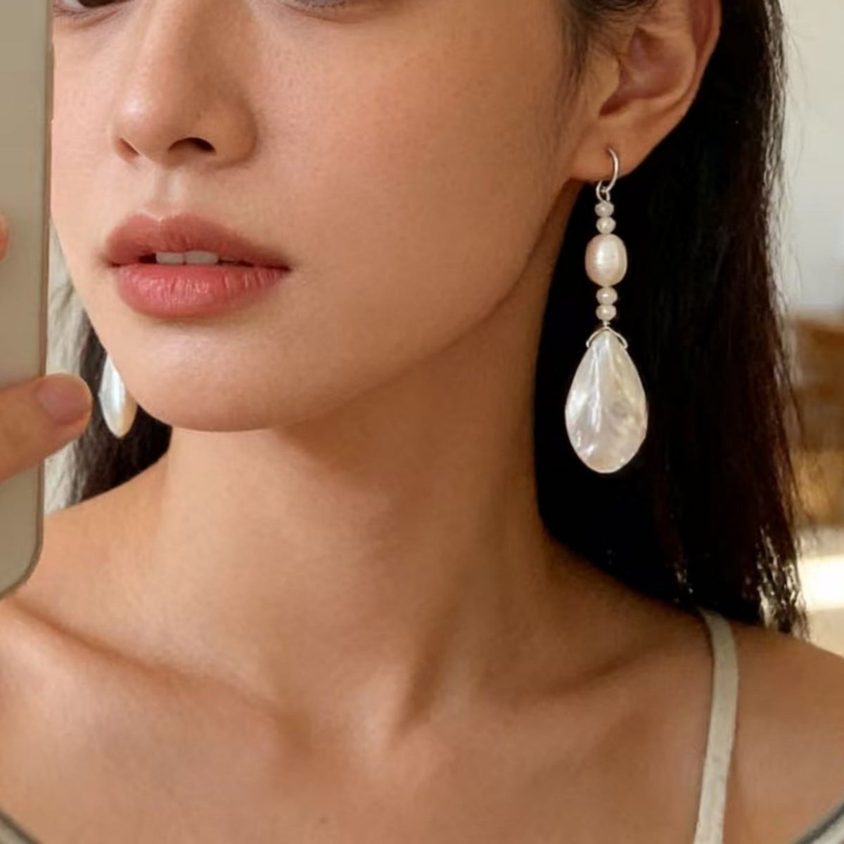 Shell Teardrop Dangle Earrings — beige earrings, view 7