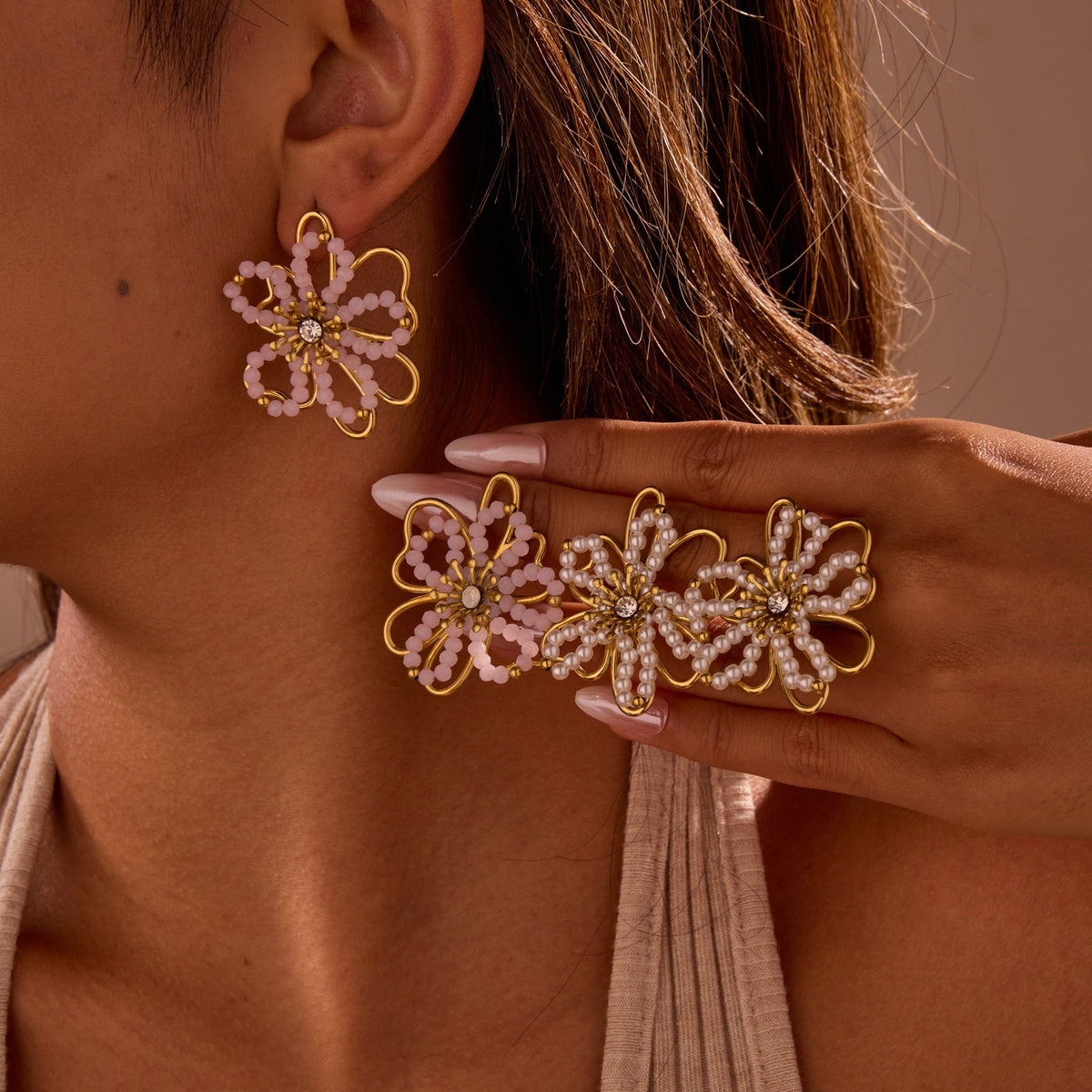Fine Beaded Flower Stud Earrings — earrings, view 7