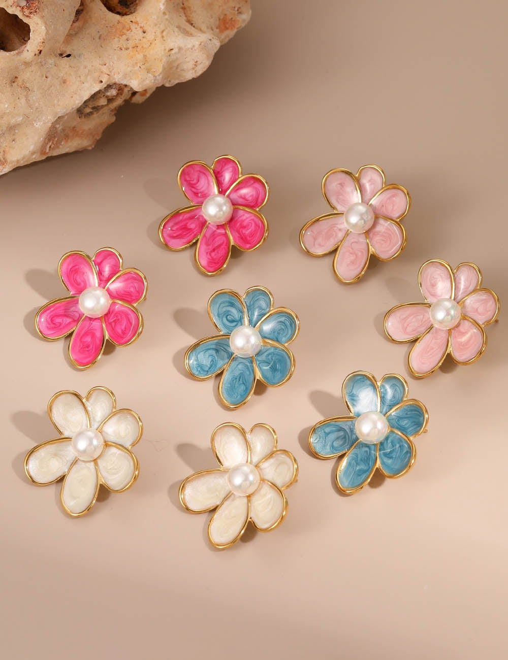 Enamel Flower Pearl Studs — earrings