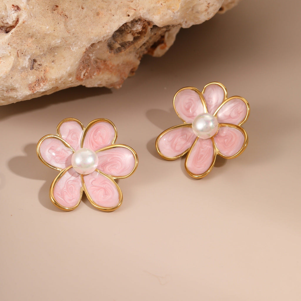 Enamel Flower Pearl Studs — earrings, view 3