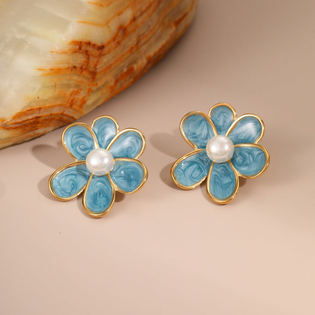 Enamel Flower Pearl Studs — earrings, view 4