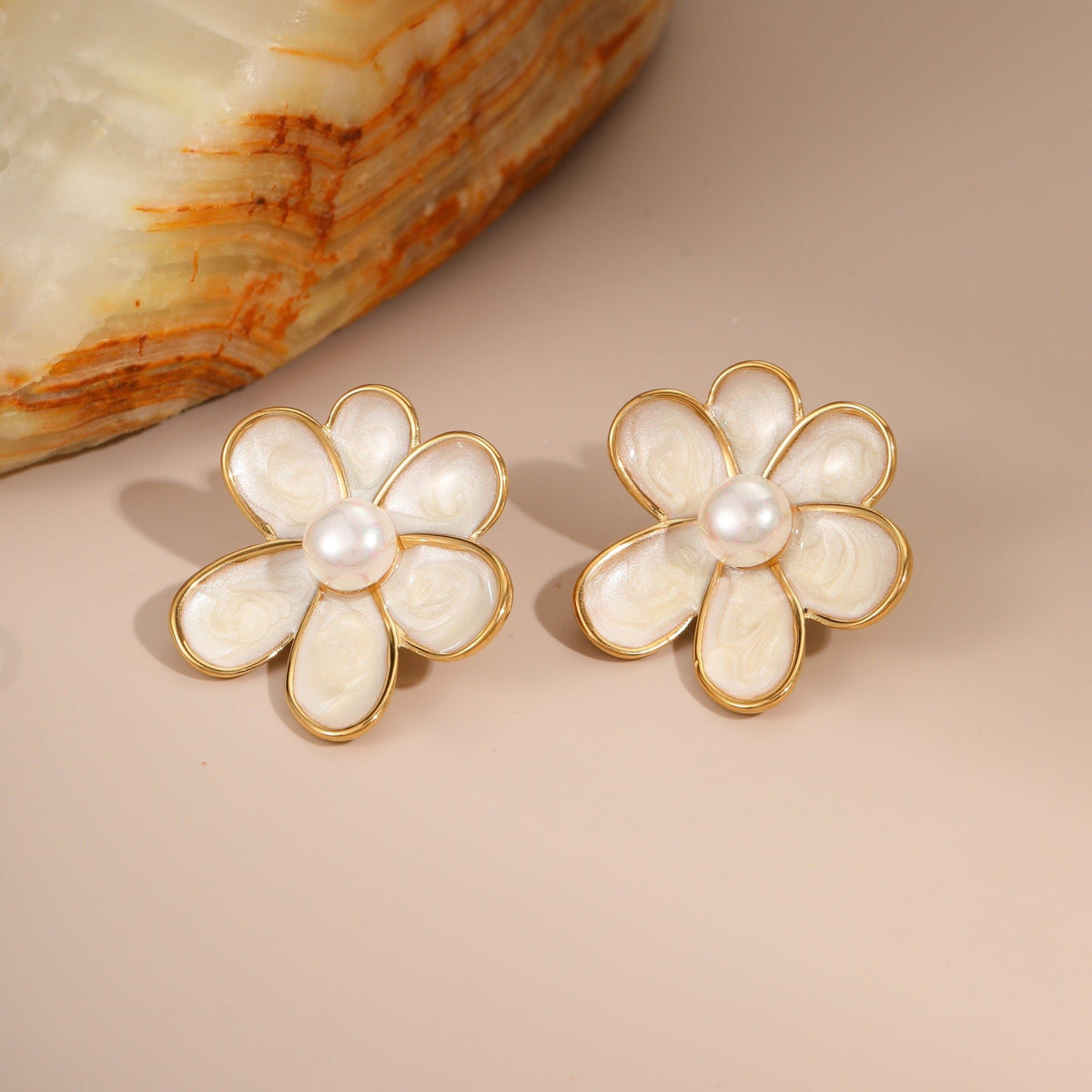 Enamel Flower Pearl Studs — earrings, view 5