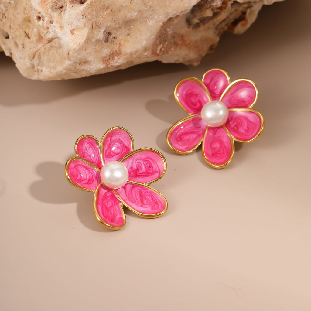 Enamel Flower Pearl Studs — earrings, view 6