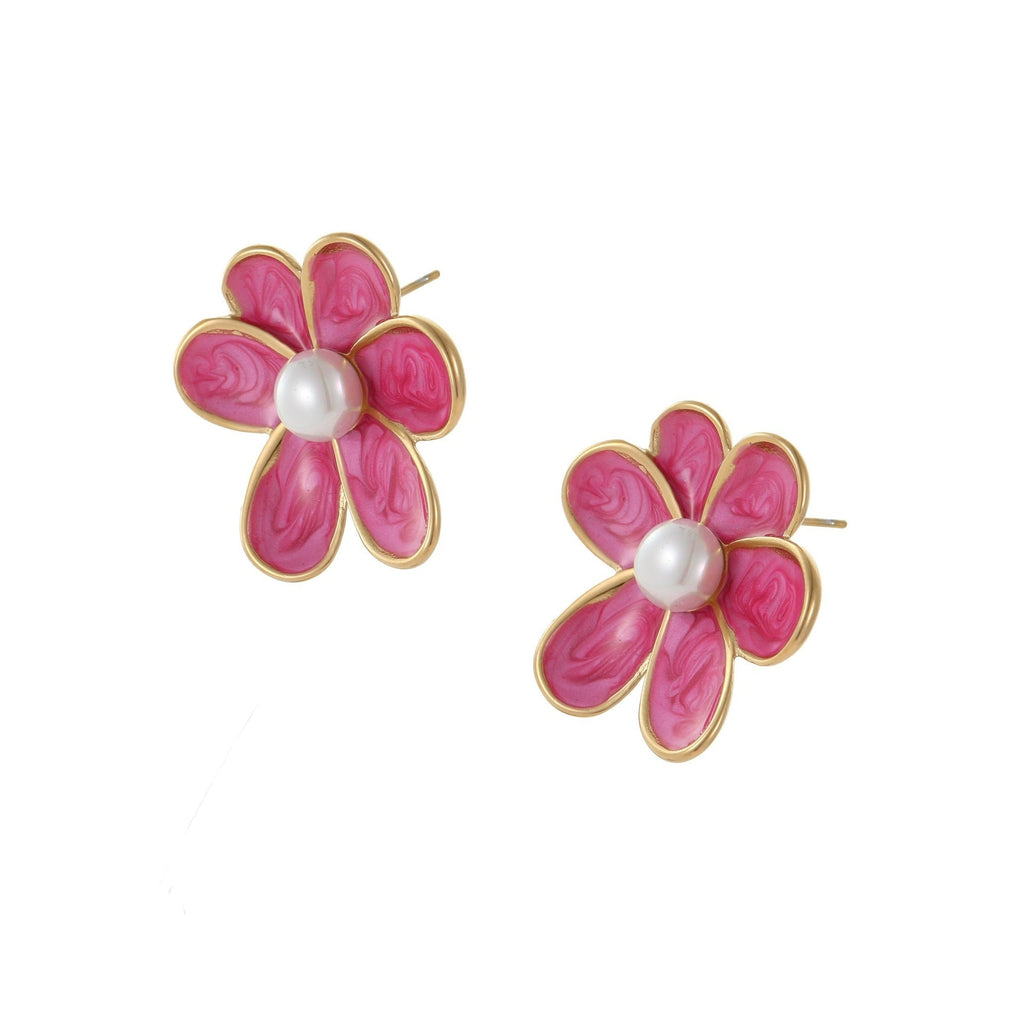 Enamel Flower Pearl Studs — earrings, view 7