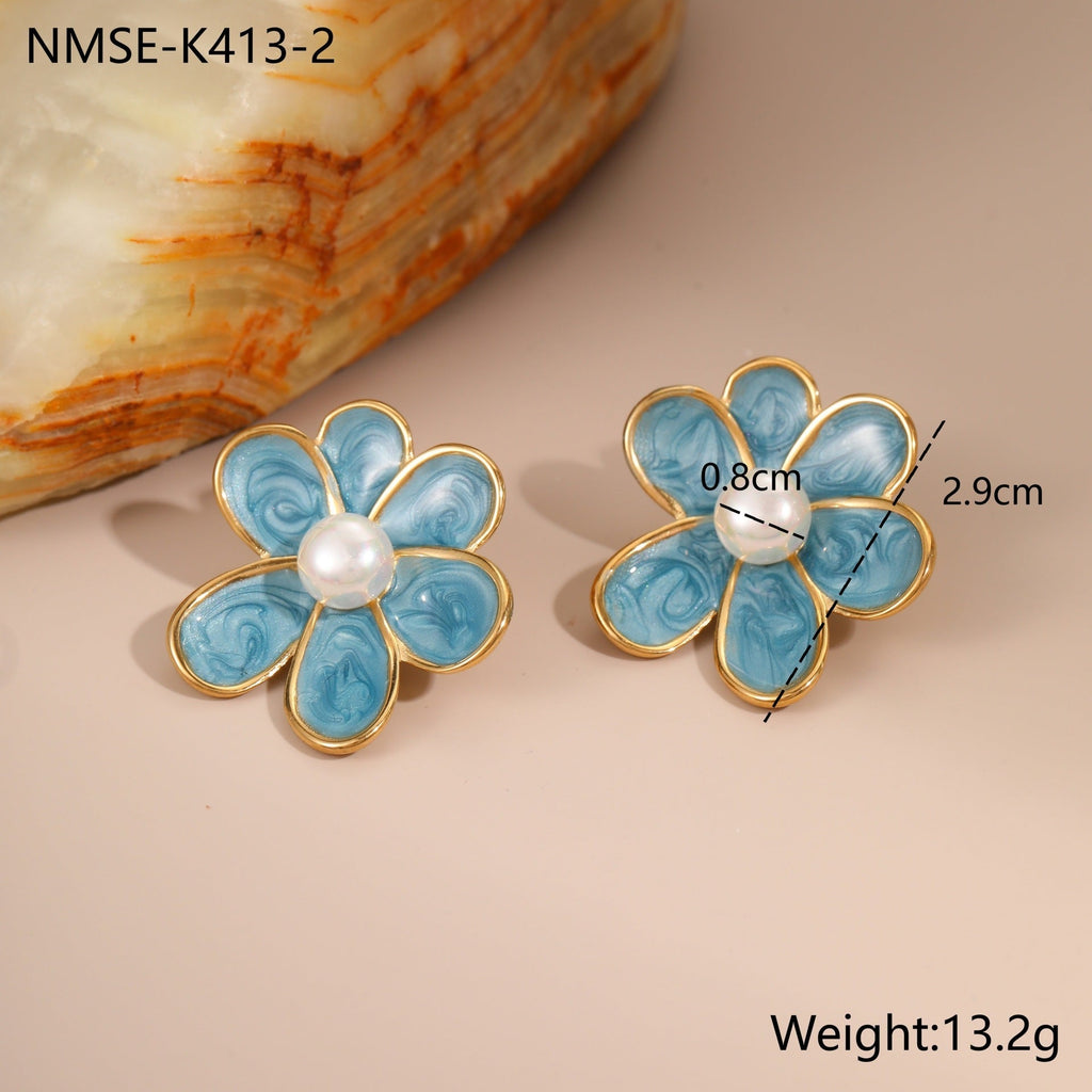 Enamel Flower Pearl Studs — earrings, view 9