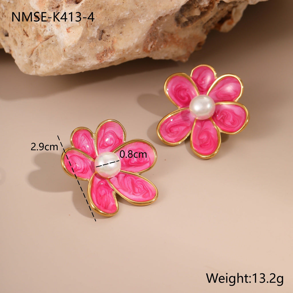 Enamel Flower Pearl Studs — earrings, view 11