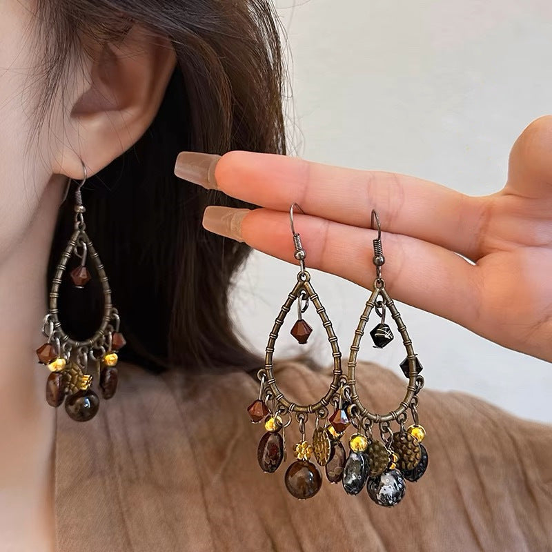Hollow Beaded Tassel Earrings — brown earrings, view 2