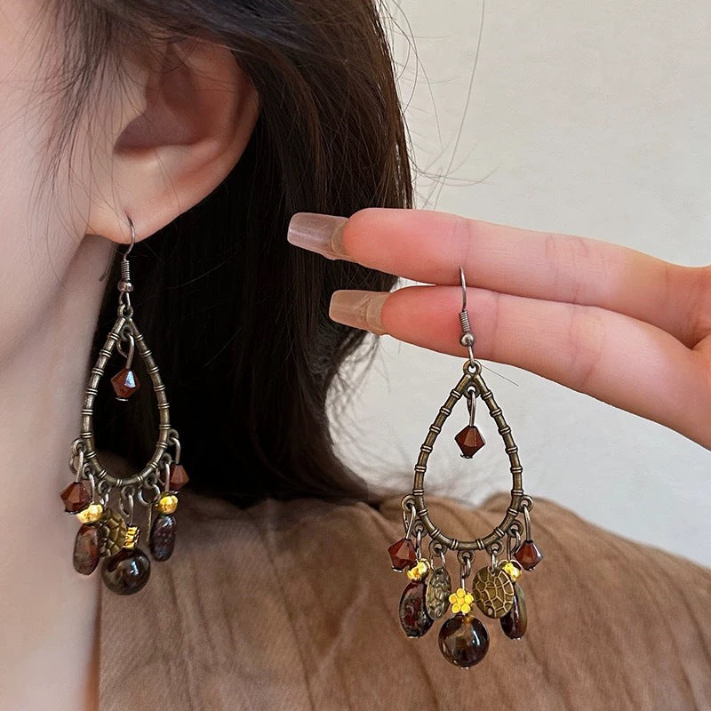 Hollow Beaded Tassel Earrings — brown earrings, view 3