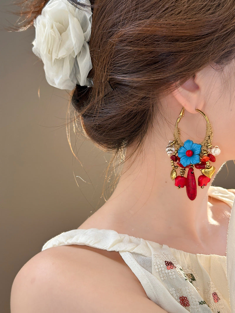 Beaded Flower Hoop Earrings — earrings, view 8