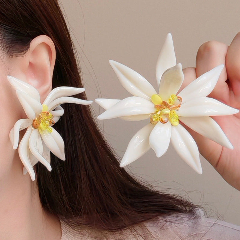 Exaggerated Floral Stud Earrings — white earrings, view 2