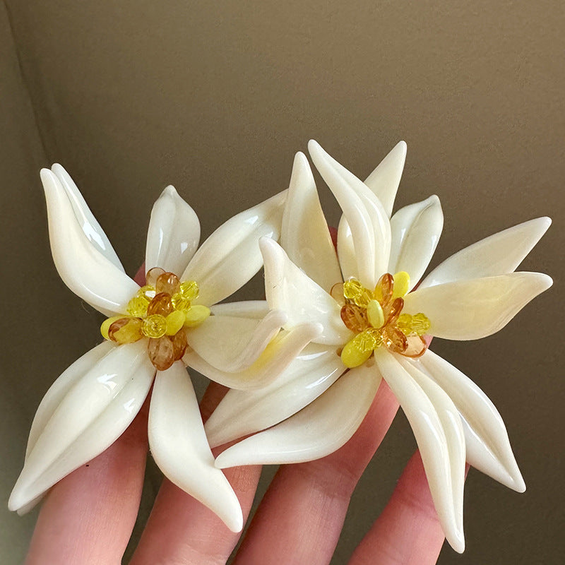 Exaggerated Floral Stud Earrings — white earrings, view 4
