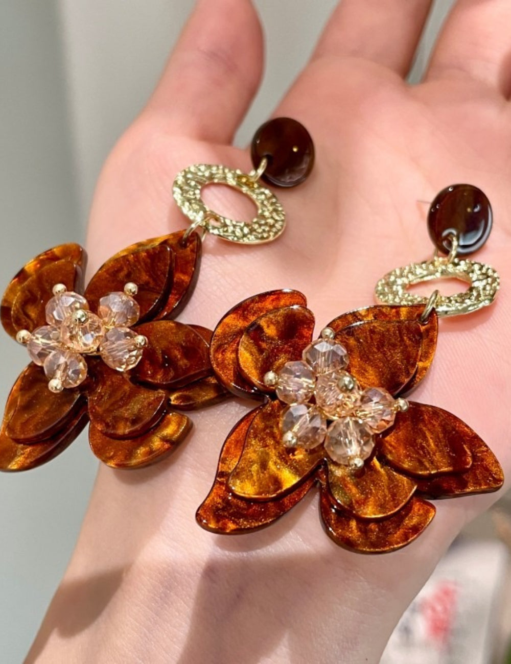 3D Floral Petal Drop Earrings — brown earrings