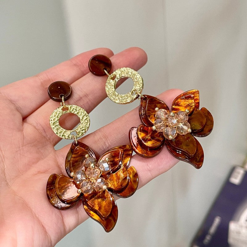 3D Floral Petal Drop Earrings — brown earrings, view 2
