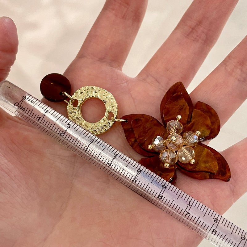3D Floral Petal Drop Earrings — brown earrings, view 3