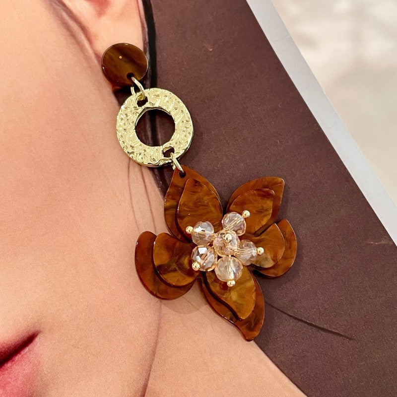 3D Floral Petal Drop Earrings — brown earrings, view 4