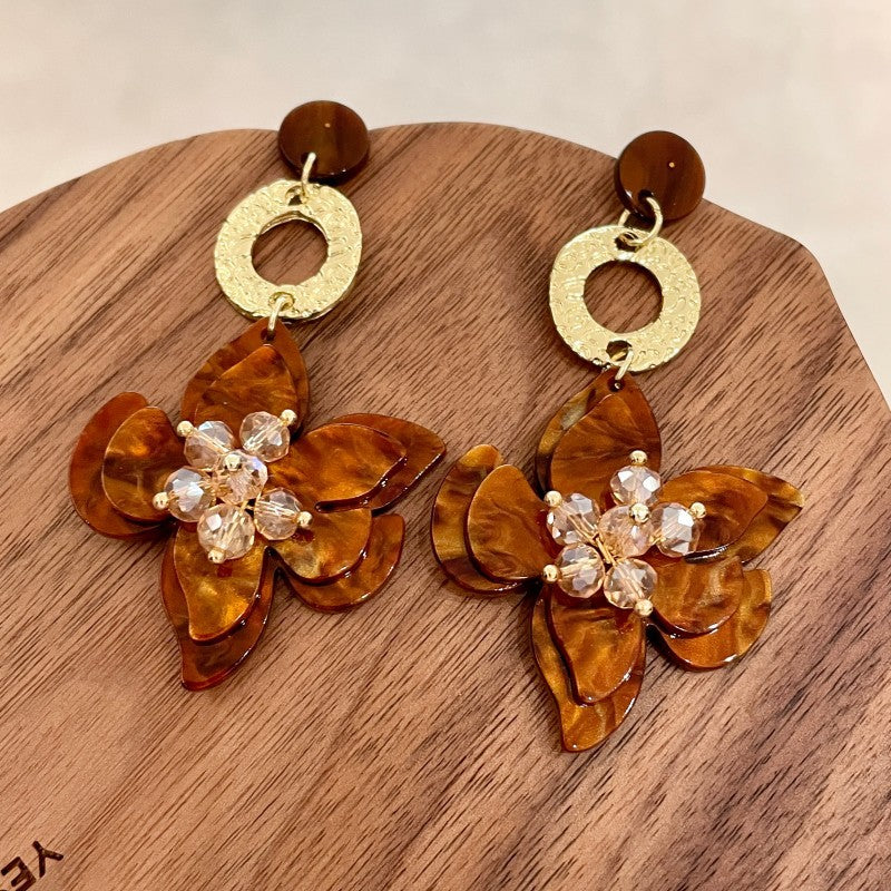3D Floral Petal Drop Earrings — brown earrings, view 5