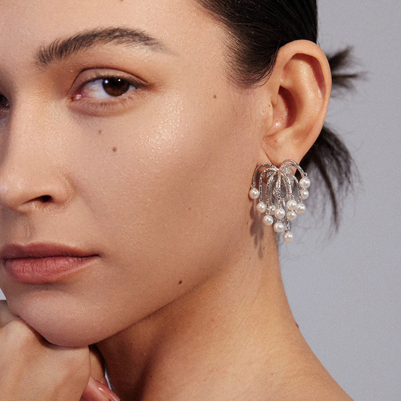 Pearl Tassel Stud Earrings — earrings, view 2