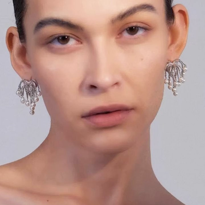 Pearl Tassel Stud Earrings — earrings, view 3