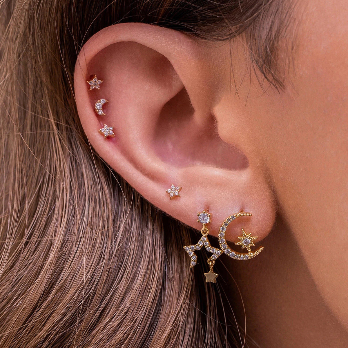 Moon Pendant Stud Earrings — gold earrings, view 5