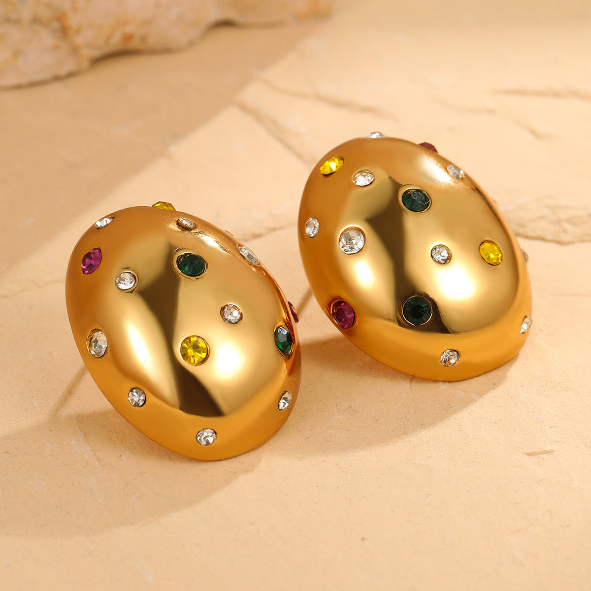 Oval Gold-Plated Stud Earrings — gold earrings, view 2