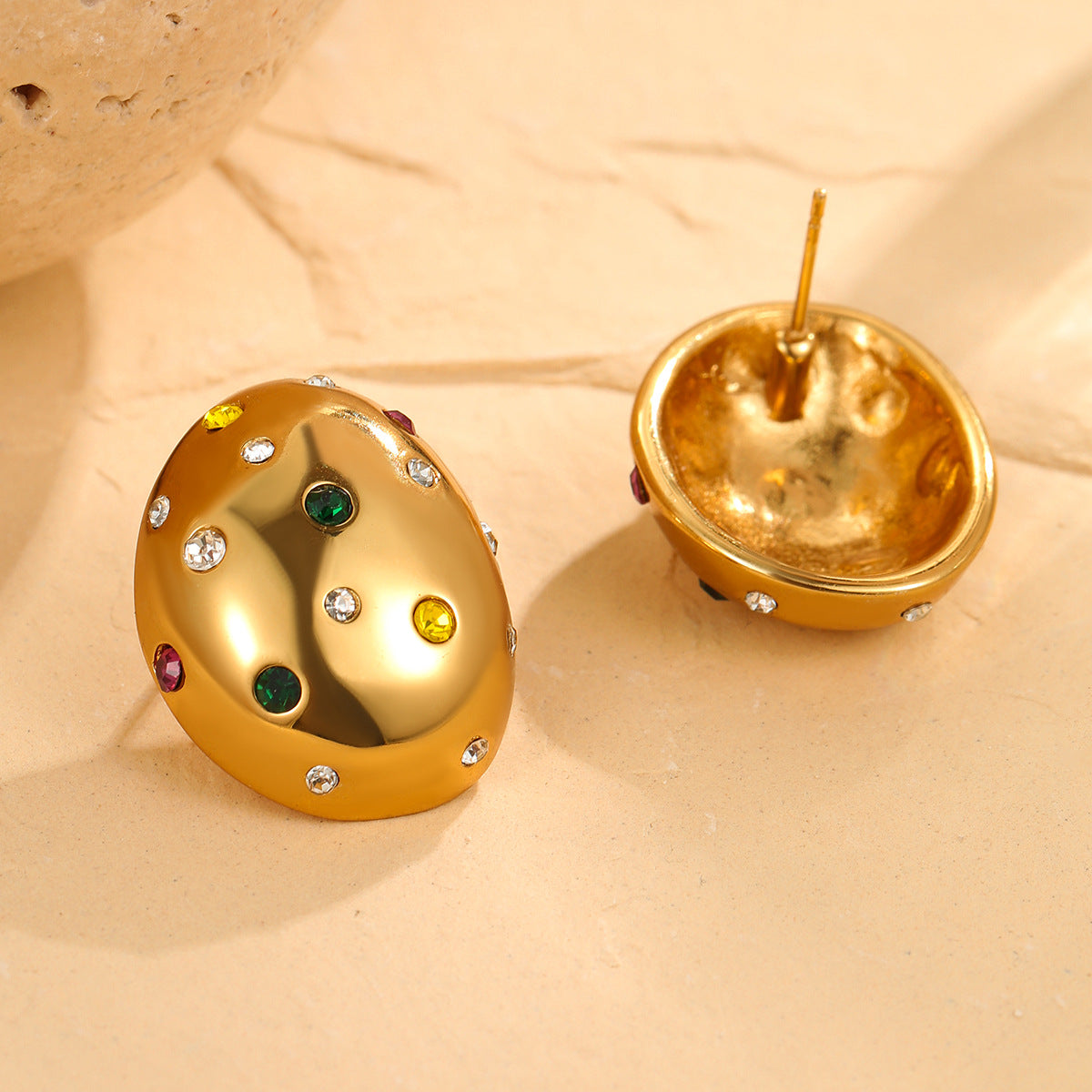 Oval Gold-Plated Stud Earrings — gold earrings, view 3