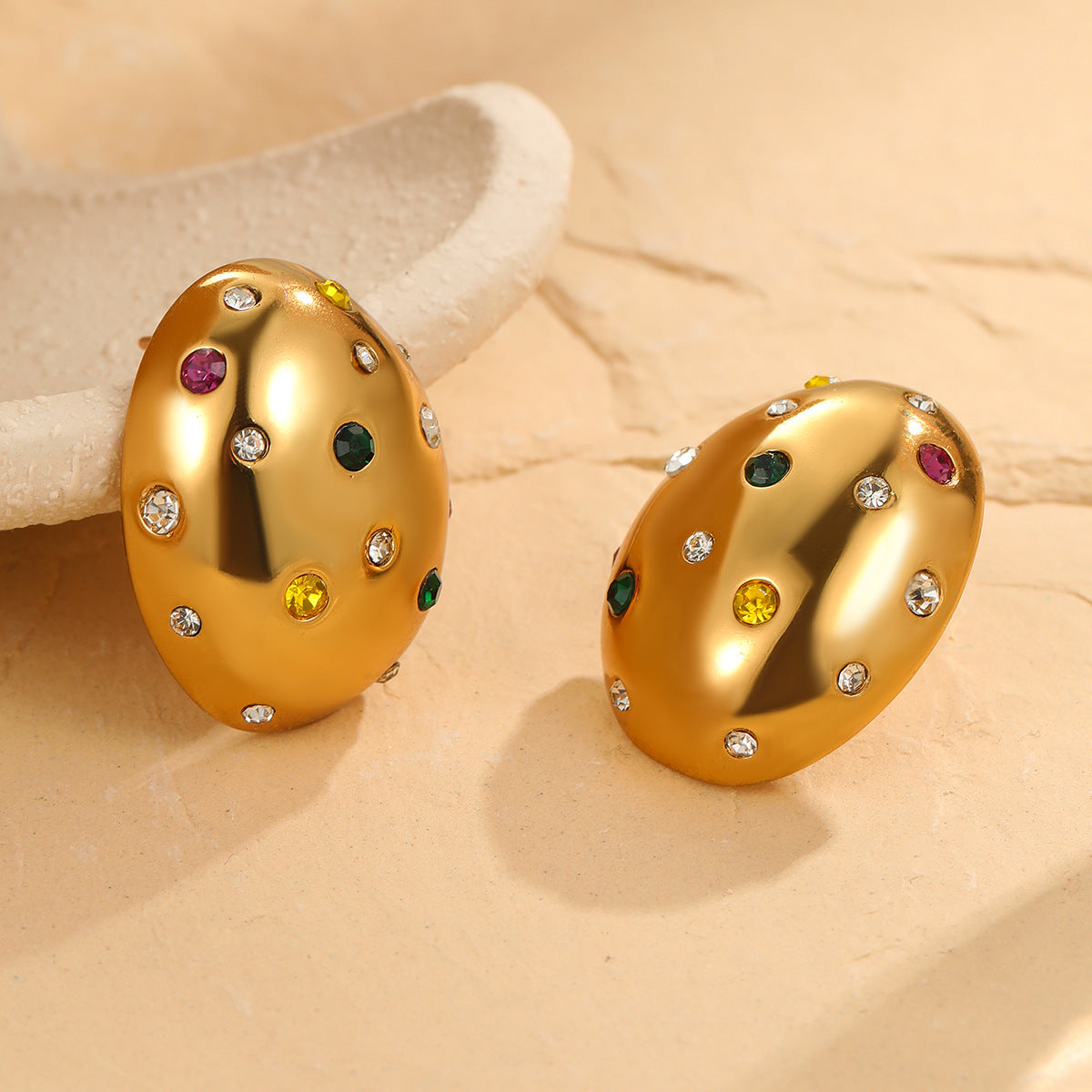 Oval Gold-Plated Stud Earrings — gold earrings, view 4