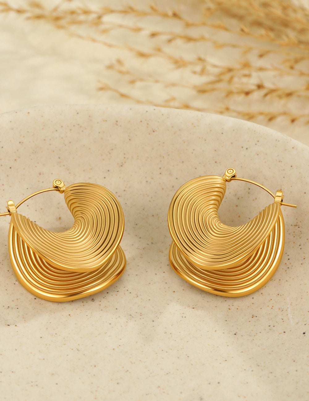 Fan-Shape Steel Hoop Earrings — gold earrings