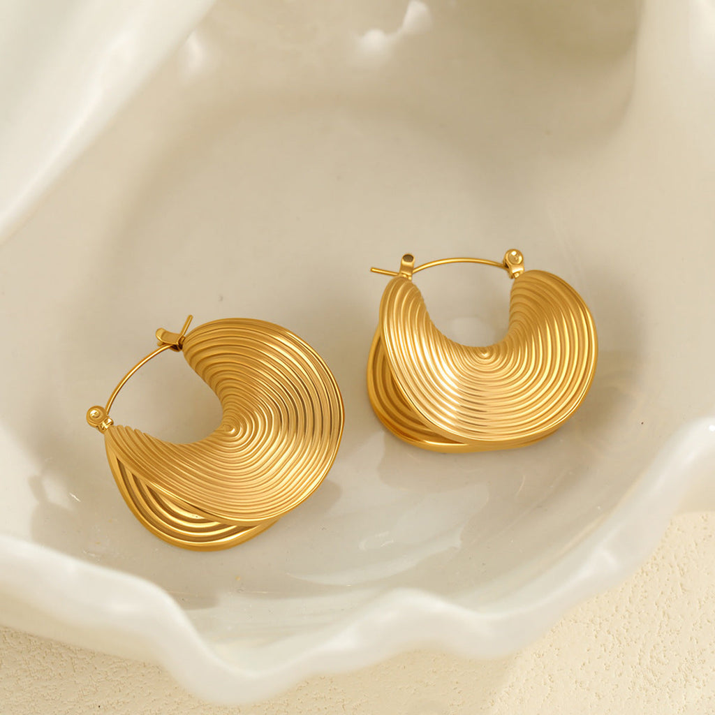 Fan-Shape Steel Hoop Earrings — gold earrings, view 2