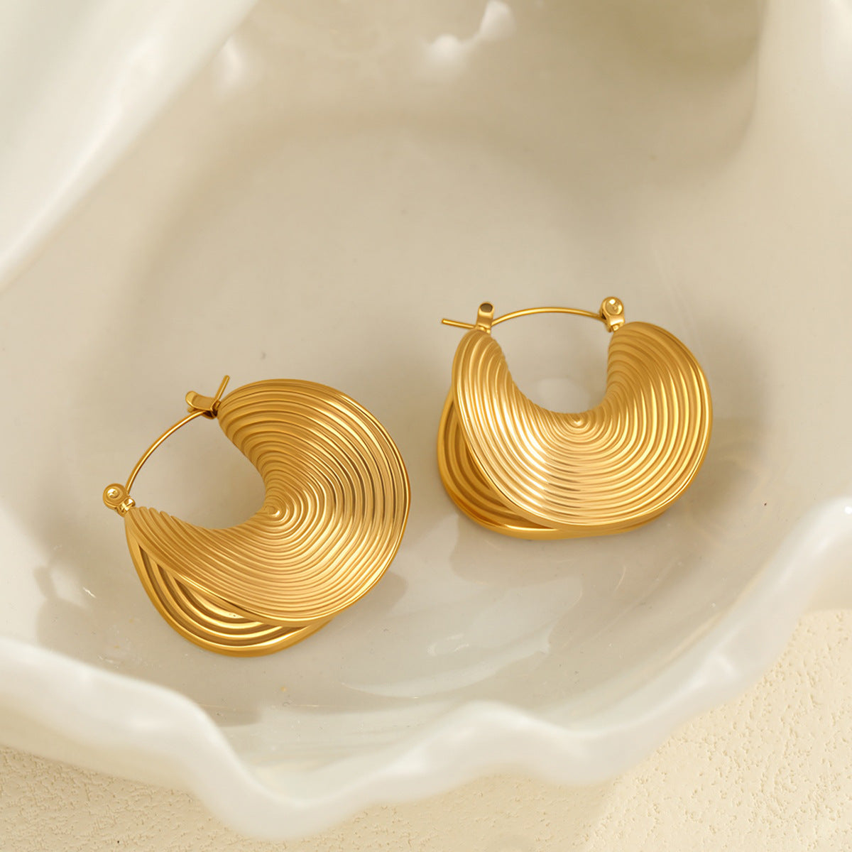 Fan-Shape Steel Hoop Earrings — gold earrings, view 2
