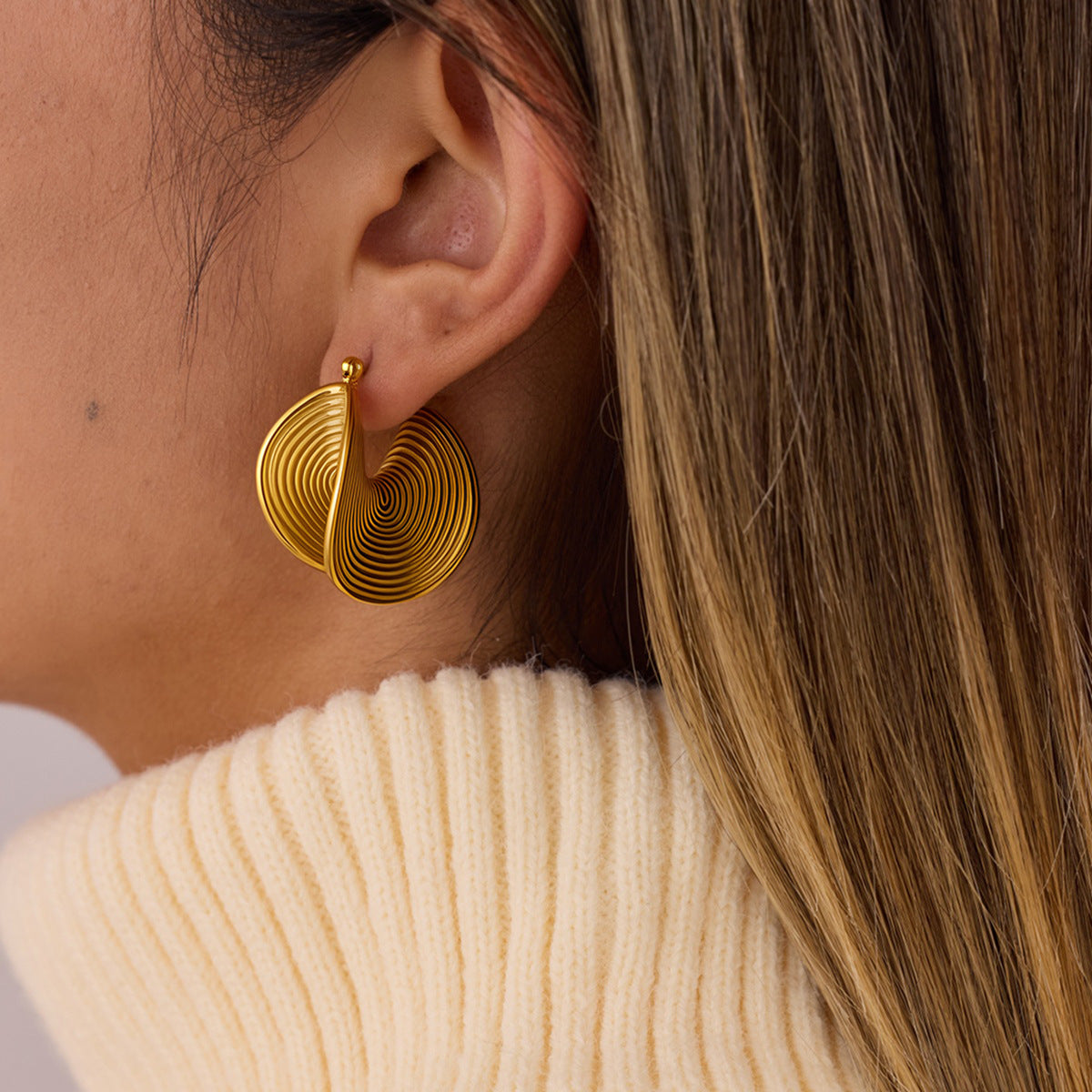 Fan-Shape Steel Hoop Earrings — gold earrings, view 3
